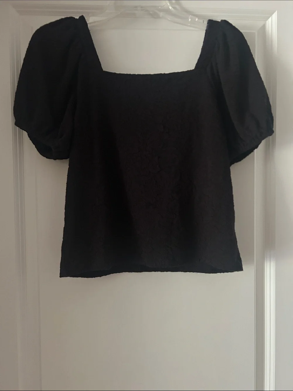 LOFT Black Textured  Puff Sleeve Square Neck Top Small